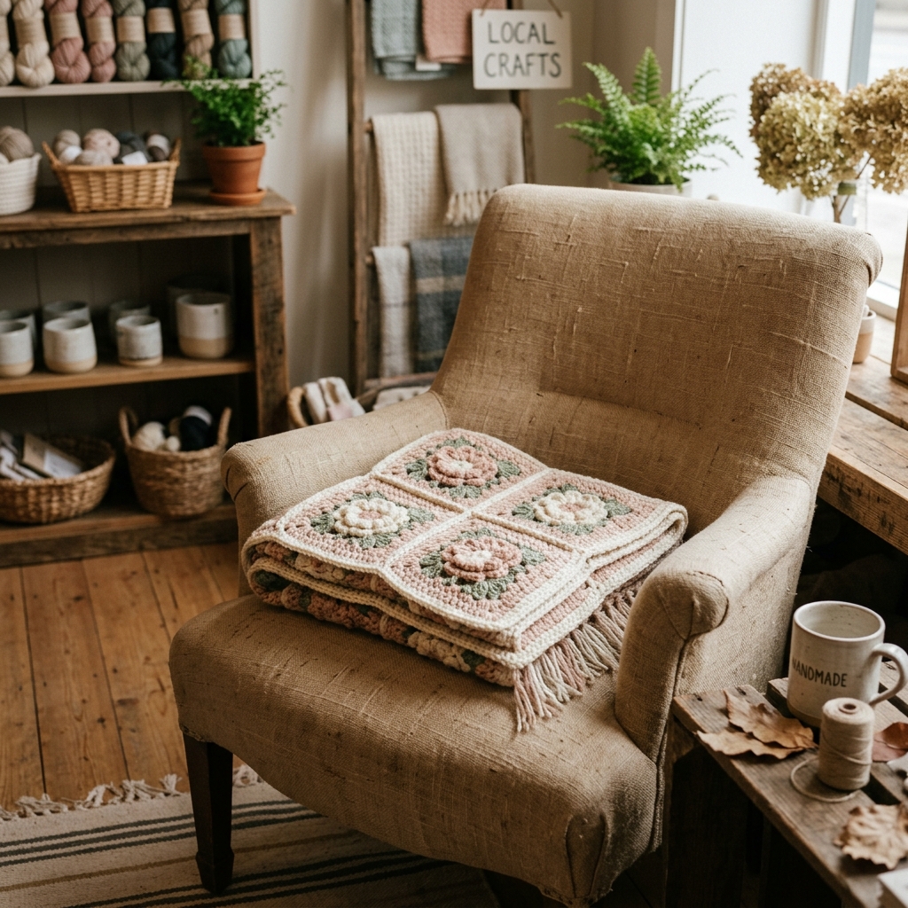 Meadow Flora Granny Square Blanket in cozy room setting