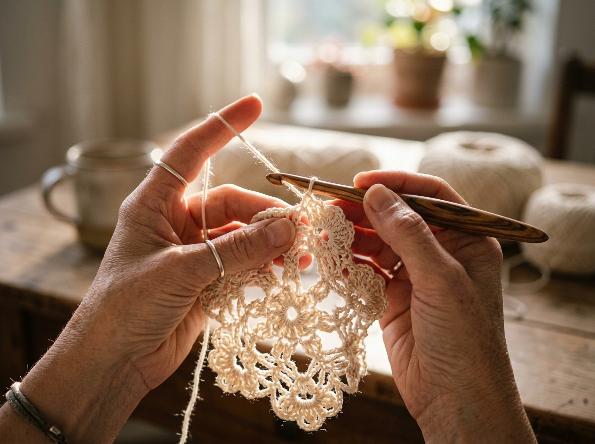 Artisan hands crocheting delicate lace motif