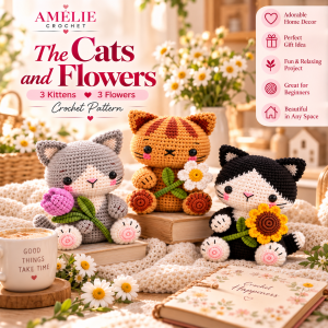 The Cats and Flowers crochet pattern with Cloudy Kitty with Tulip, Sunny Kitty with Daisy, and Windy Kitty with Sunflower